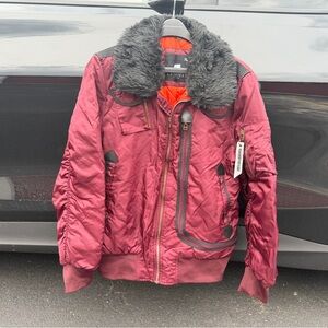 American Stitch Mens Jacket Red With Faux Fur Collar Flight Bomber Size XLARGE